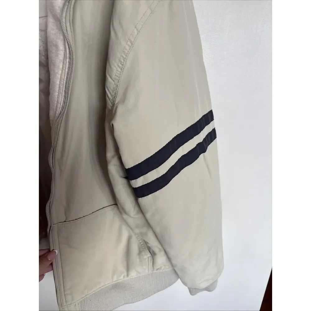 Arizona Jean Co Hooded Bomber Jacket Tan Beige Full Zip Striped Sleeve L